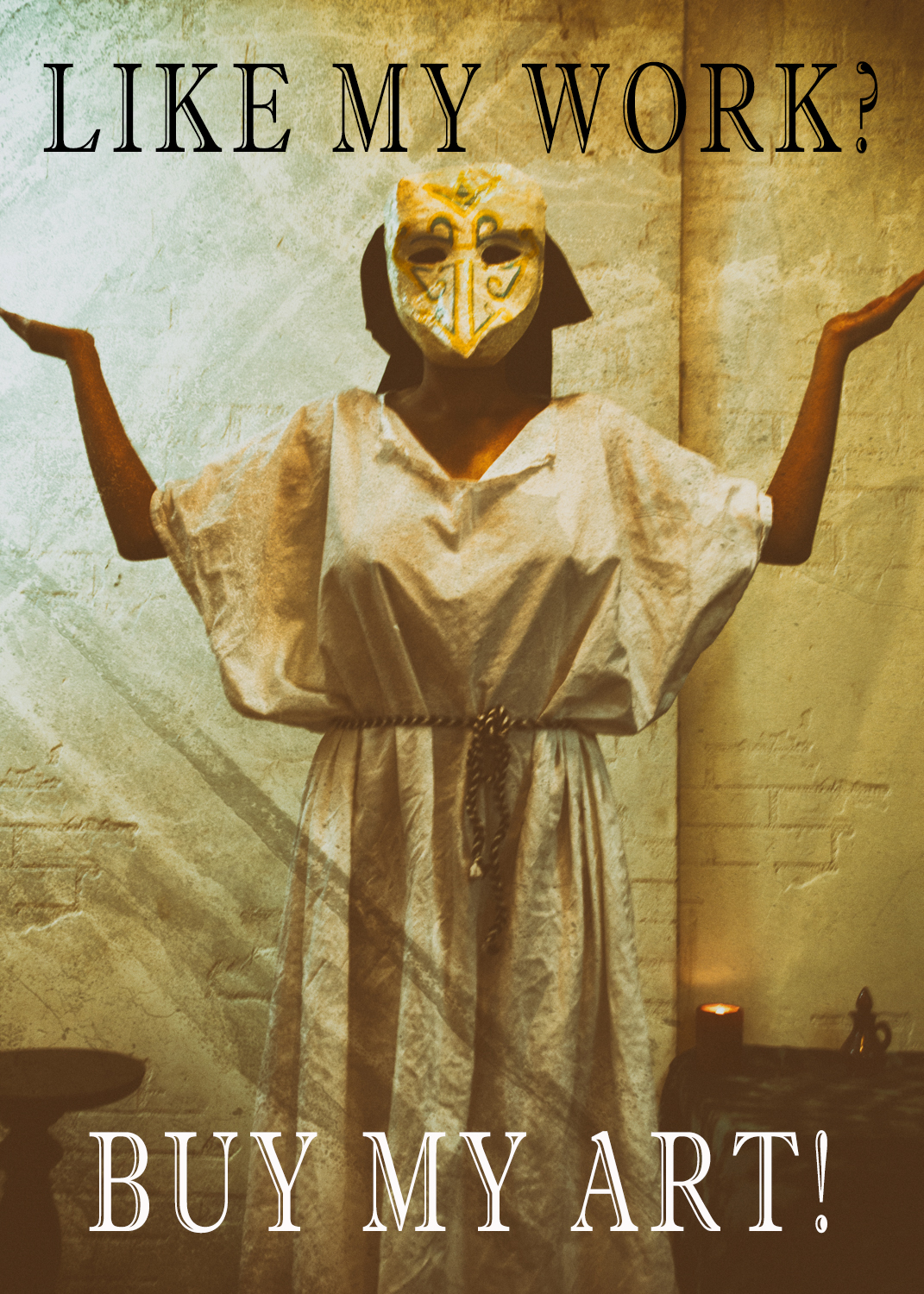 image of woman in a white robe and mask, holding her hands up in the Posture of Air