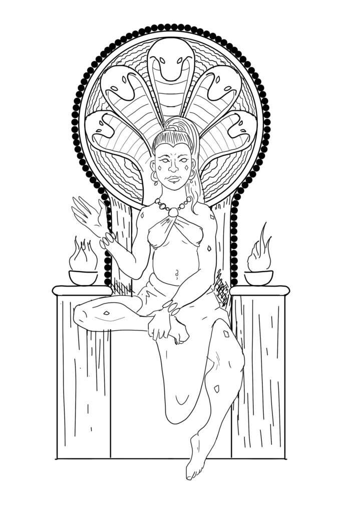 a woman in jewels and robes sits on a serpent throne